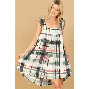 OLIVACEOUS Green Patchwork Plaid Babydoll Pockets Ruffle Straps Hi-Low Dress, S